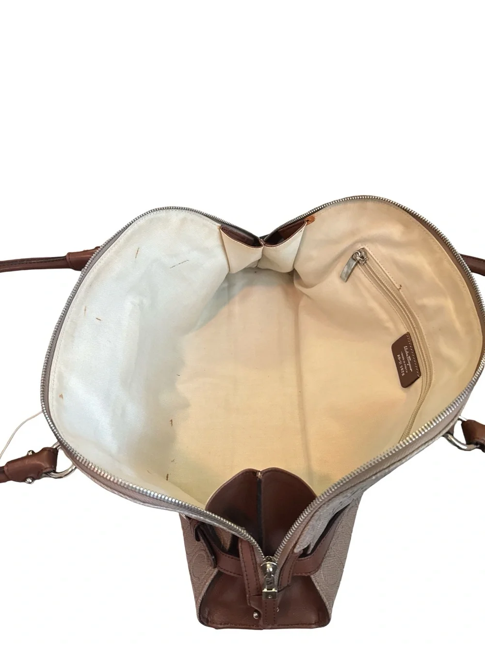 Salvatore Ferragamo Gancini Canvas Leather Satchel Handbag Beige Brown Shoulder